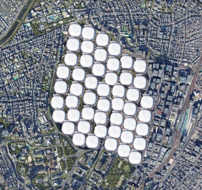 皇居周辺のお堀に東京ドームを50個並べた図